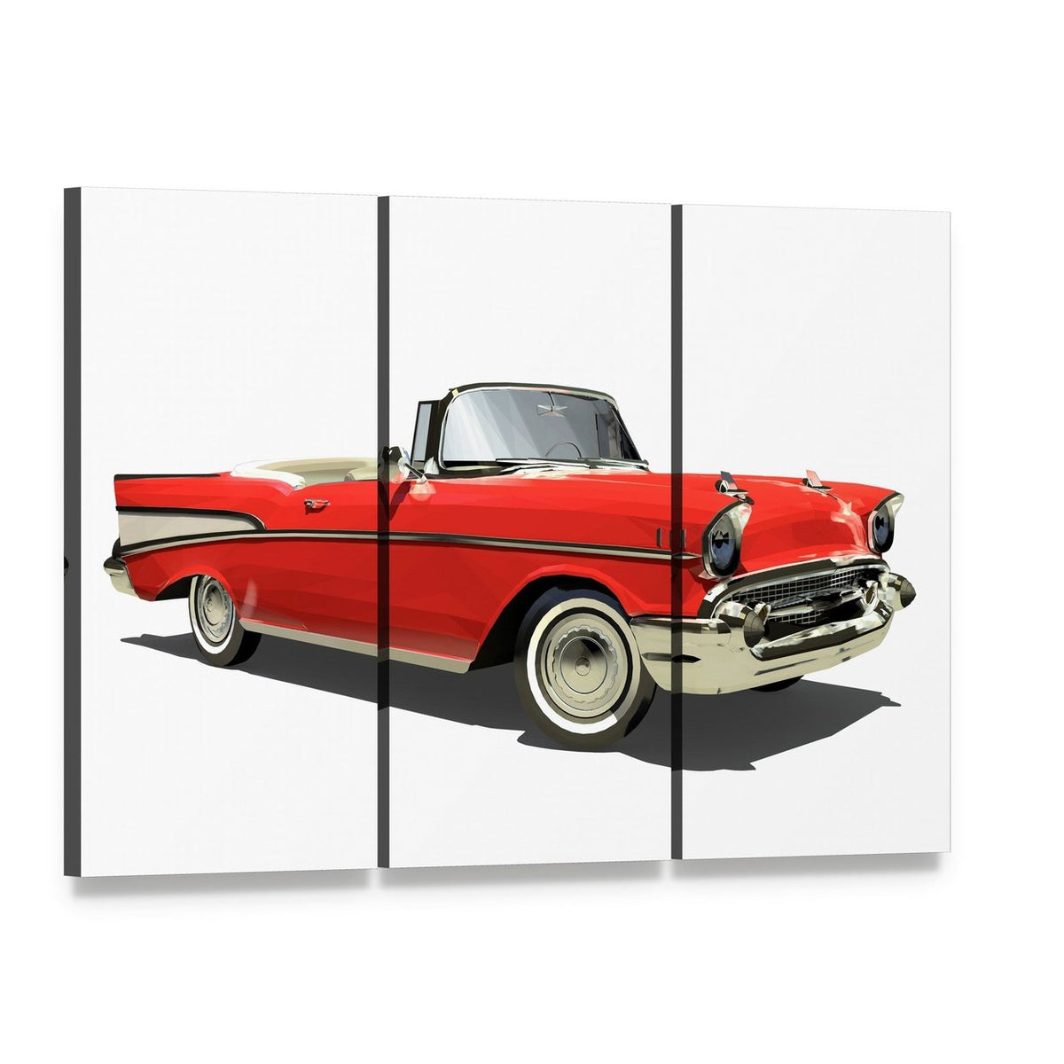 Red Convertible with White Interior Canvas Wall Art, 3 panel 3 Horizontal layout gallery wrapped canvas set, angled product view