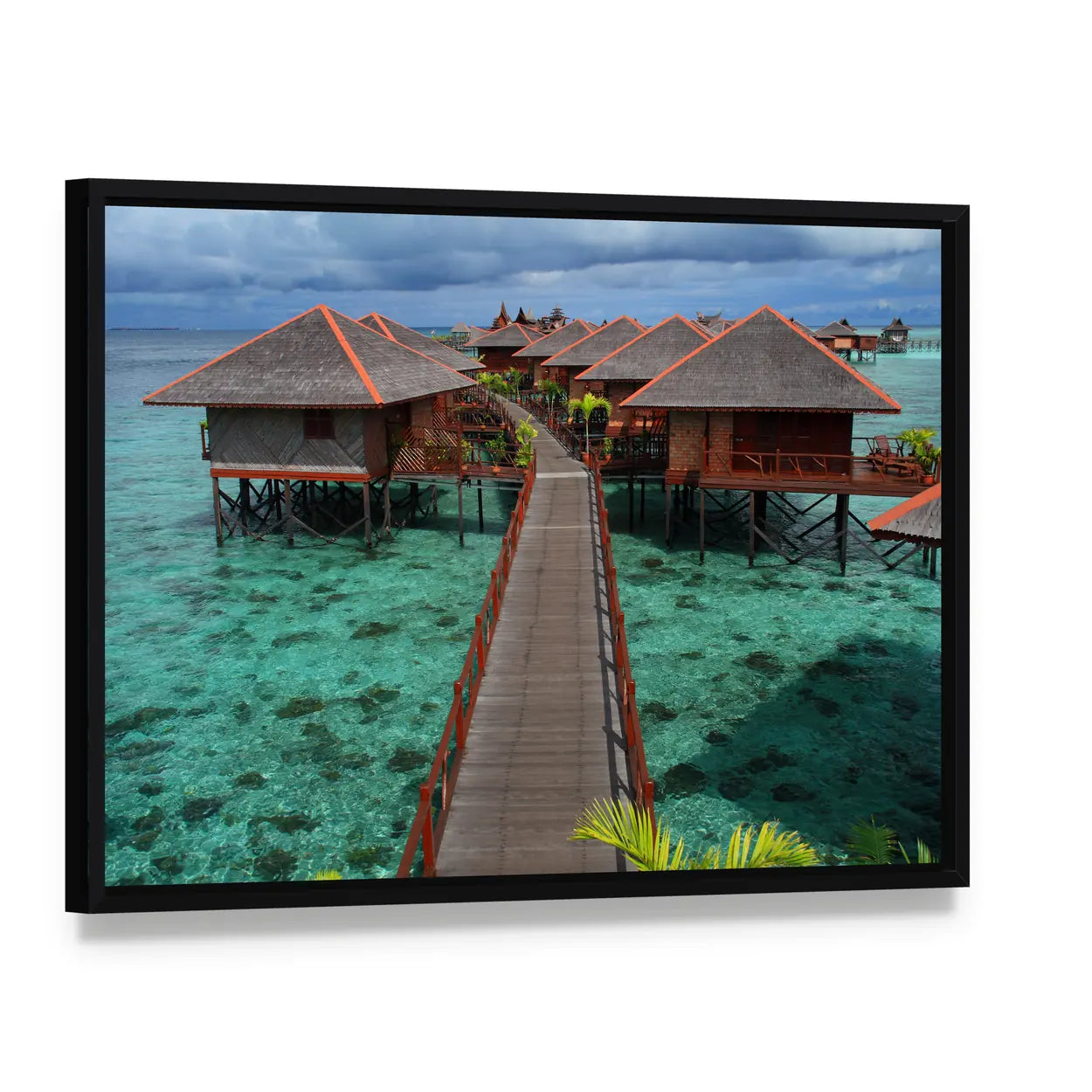Mabul Island Overwater Bungalows Canvas Wall Art, framed canvas in a black floater frame, angled product view