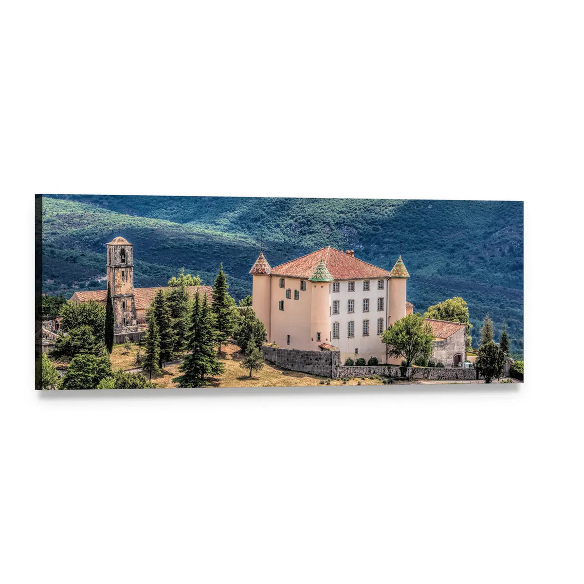 French Castle with Green-roof Turrets Panoramic Canvas Wall Art, single panel gallery wrapped canvas, angled product view
