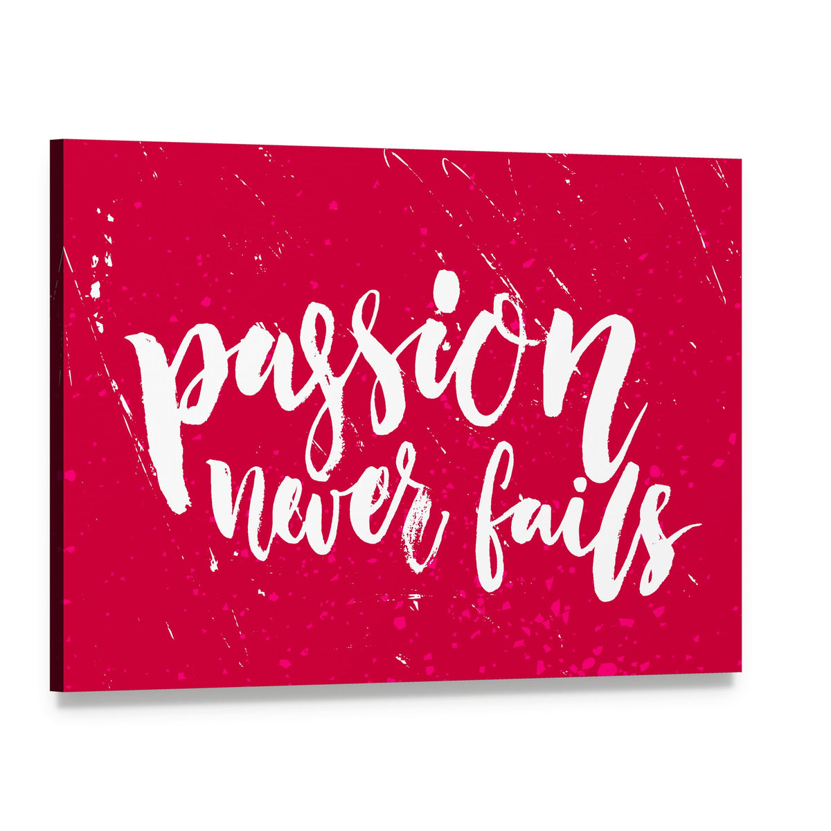 Passion Never Fails Typography Canvas Wall Art, single panel gallery wrapped canvas, angled product view
