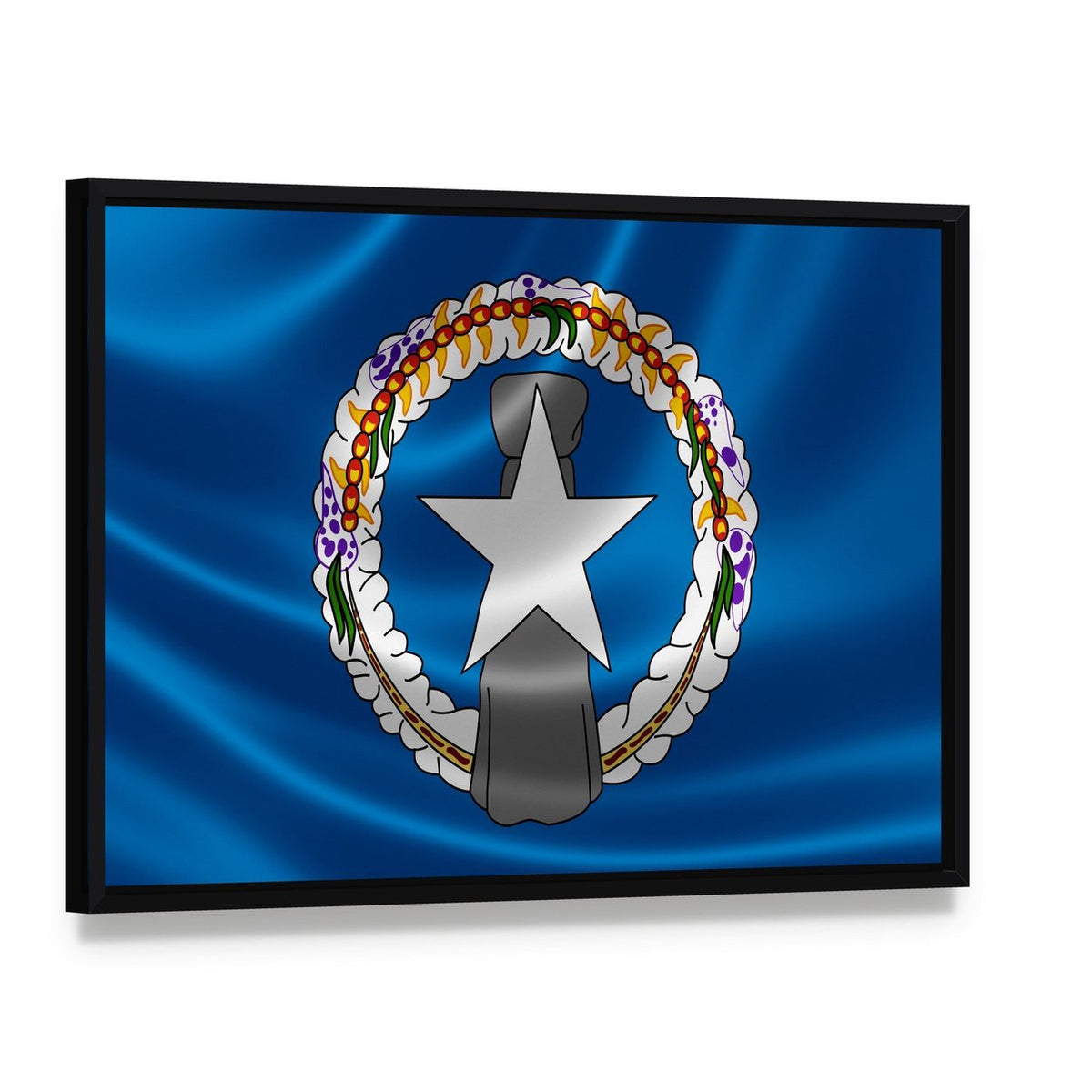 Northern Mariana Islands Flag with Wreath and Star Canvas Wall Art, framed canvas in a black floater frame, angled product view
