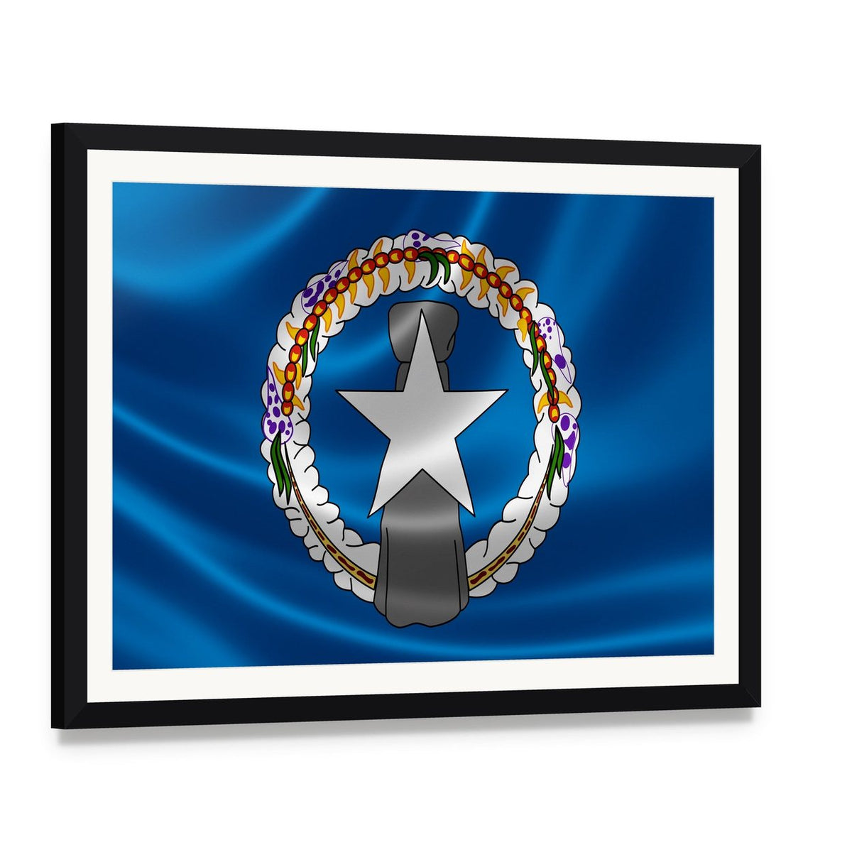 Northern Mariana Islands Flag with Wreath and Star Canvas Wall Art, framed print with white mat and black frame, angled product view
