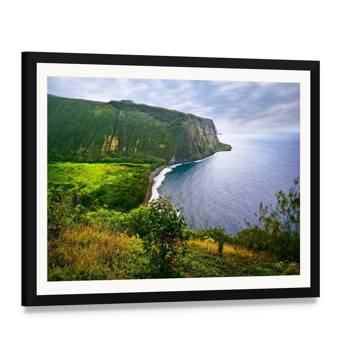Ocean Cliffside on a Green Island Canvas Wall Art, framed print with white mat and black frame, angled product view