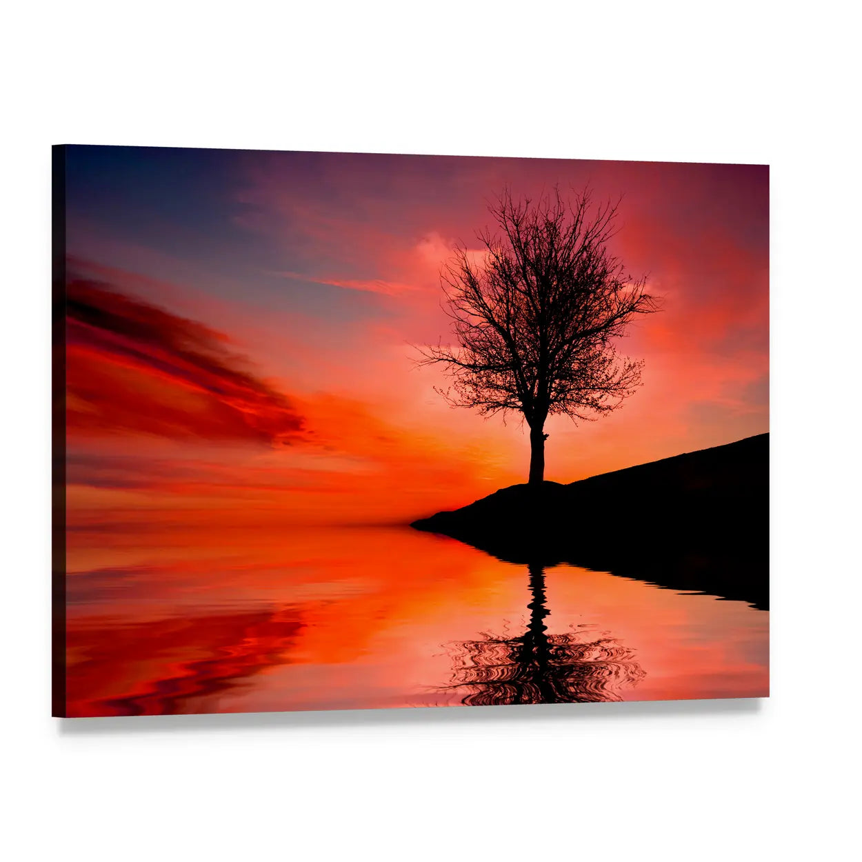 Leafless Tree Reflection at Sunset Canvas Wall Art, single panel gallery wrapped canvas, angled product view