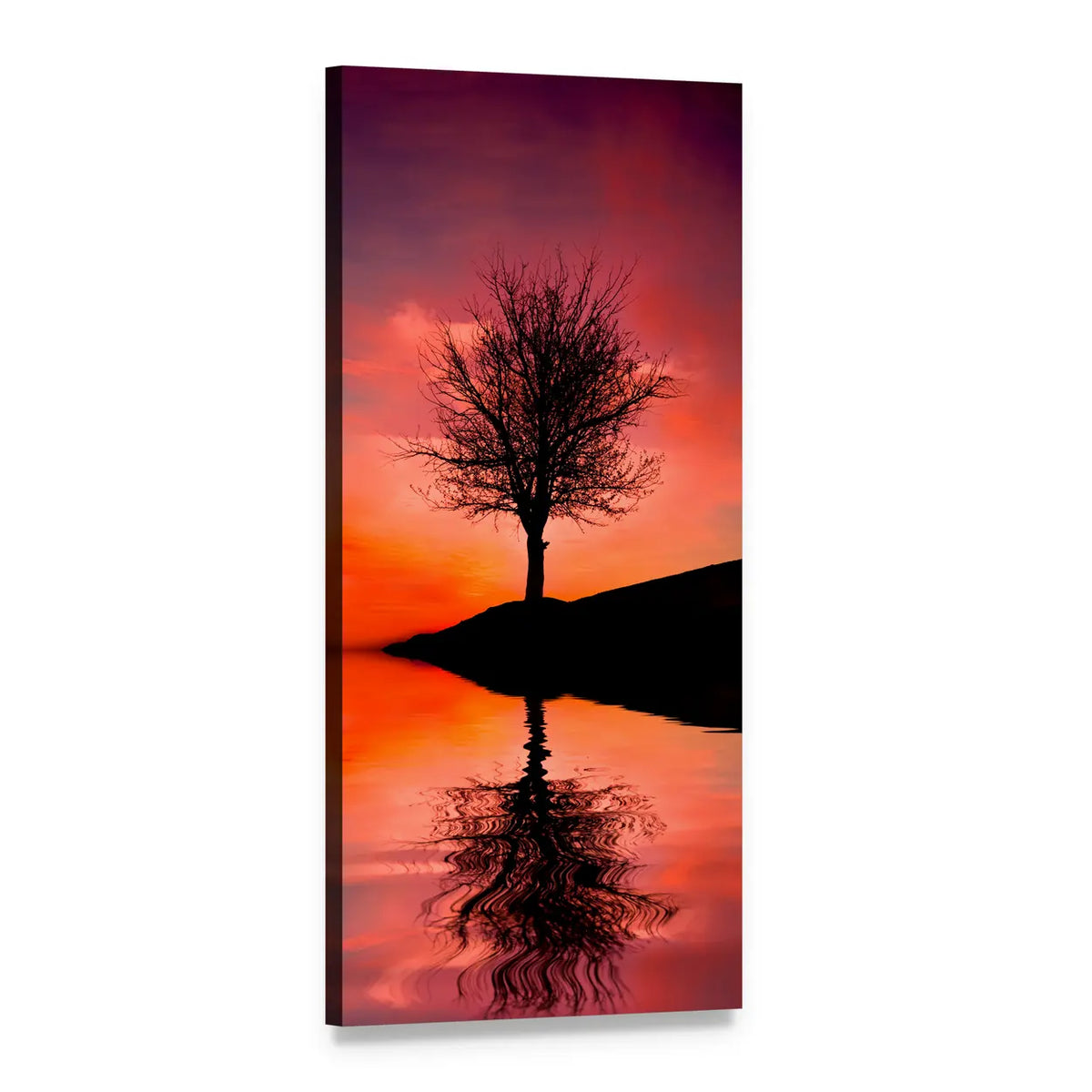 Leafless Tree Reflection at Sunset Vertical Canvas Wall Art, 1 panel 1 Vertical layout gallery wrapped canvas set, angled product view