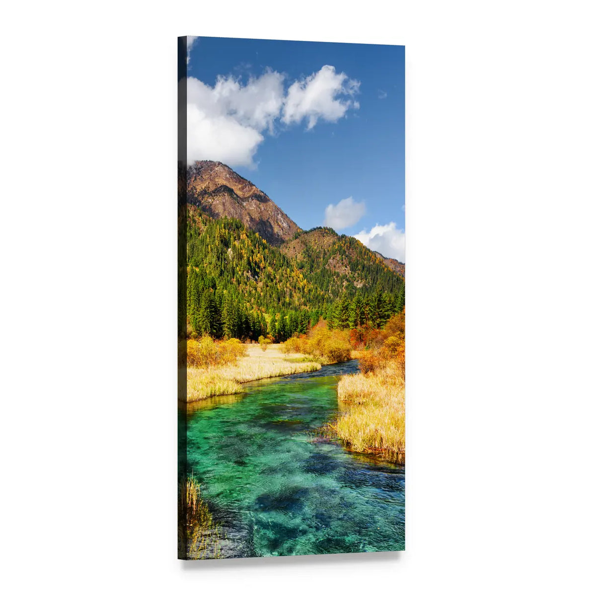 Rize Valley Jiuzhaigou Autumn River Vertical Canvas Wall Art, 1 panel 1 Vertical layout gallery wrapped canvas set, angled product view