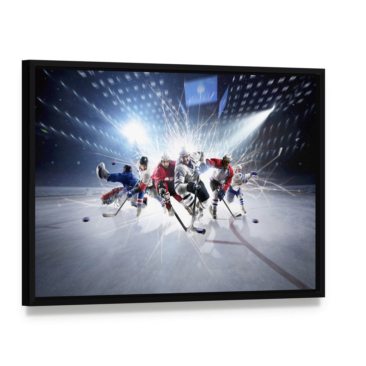 Dynamic Hockey Players in Action Canvas Wall Art, framed canvas in a black floater frame, angled product view