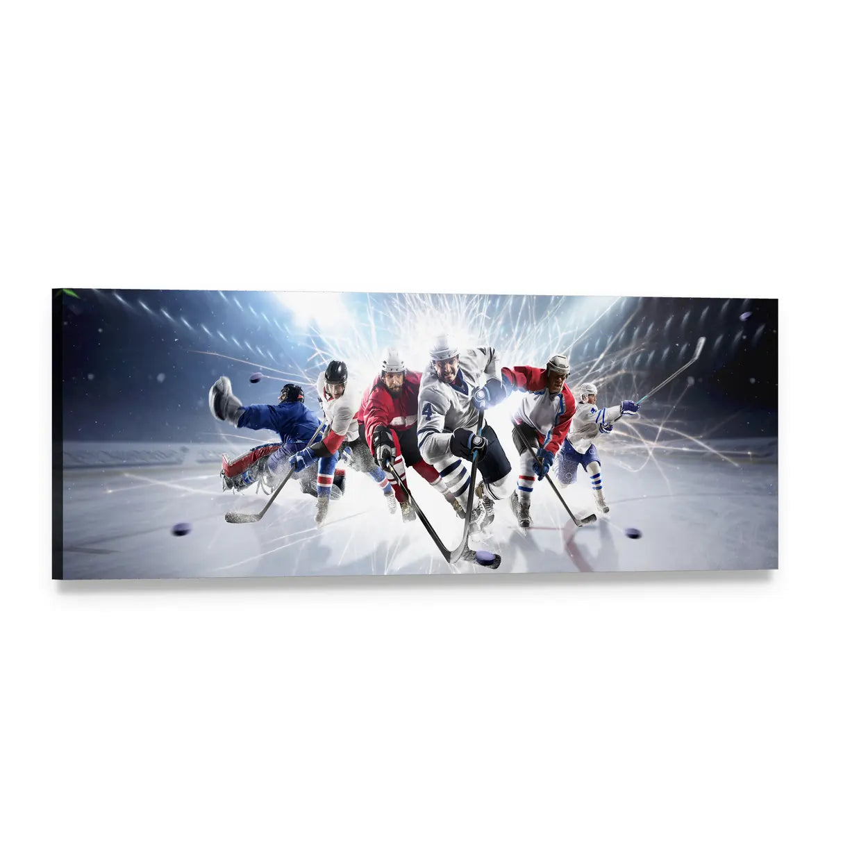 Hockey Players in Action Panoramic Canvas Wall Art, single panel gallery wrapped canvas, angled product view