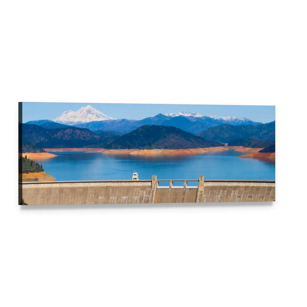 Dam Spillway Under Snow-capped Peak Panoramic Canvas Wall Art, single panel gallery wrapped canvas, angled product view