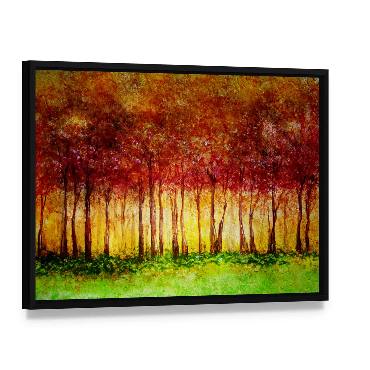 Forest In Fall Canvas Wall Art, framed canvas in a black floater frame, angled product view