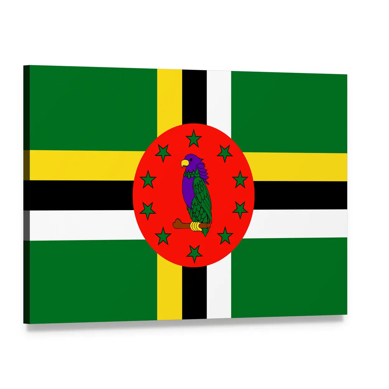 Dominica Flag with Sisserou Parrot Canvas Wall Art, single panel gallery wrapped canvas, angled product view