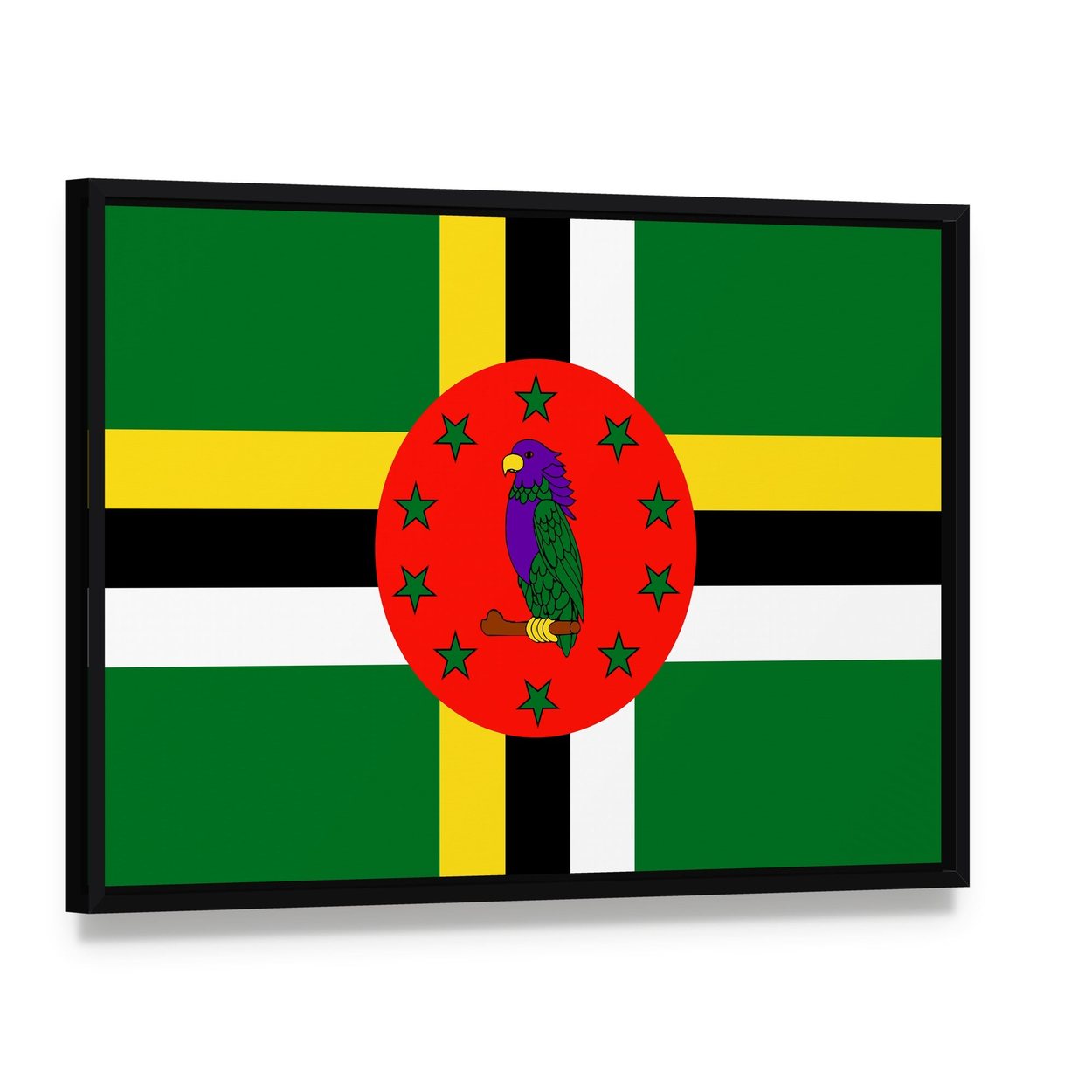 Dominica Flag with Sisserou Parrot Canvas Wall Art, framed canvas in a black floater frame, angled product view