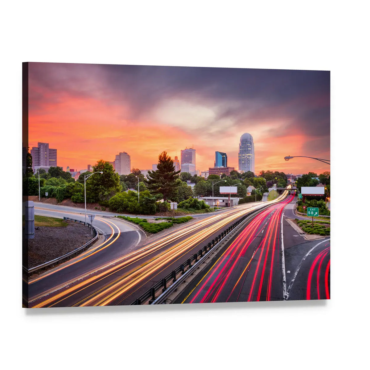 Winston Salem Light Trails at Sunset Canvas Wall Art, single panel gallery wrapped canvas, angled product view