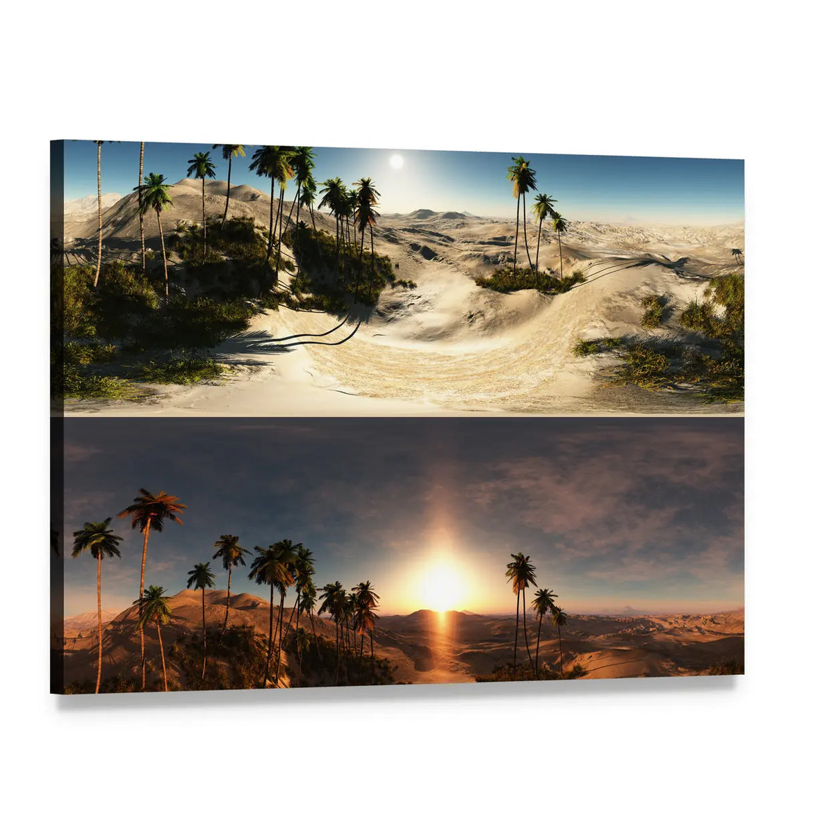 Desert Palms at Sunrise Canvas Wall Art, single panel gallery wrapped canvas, angled product view