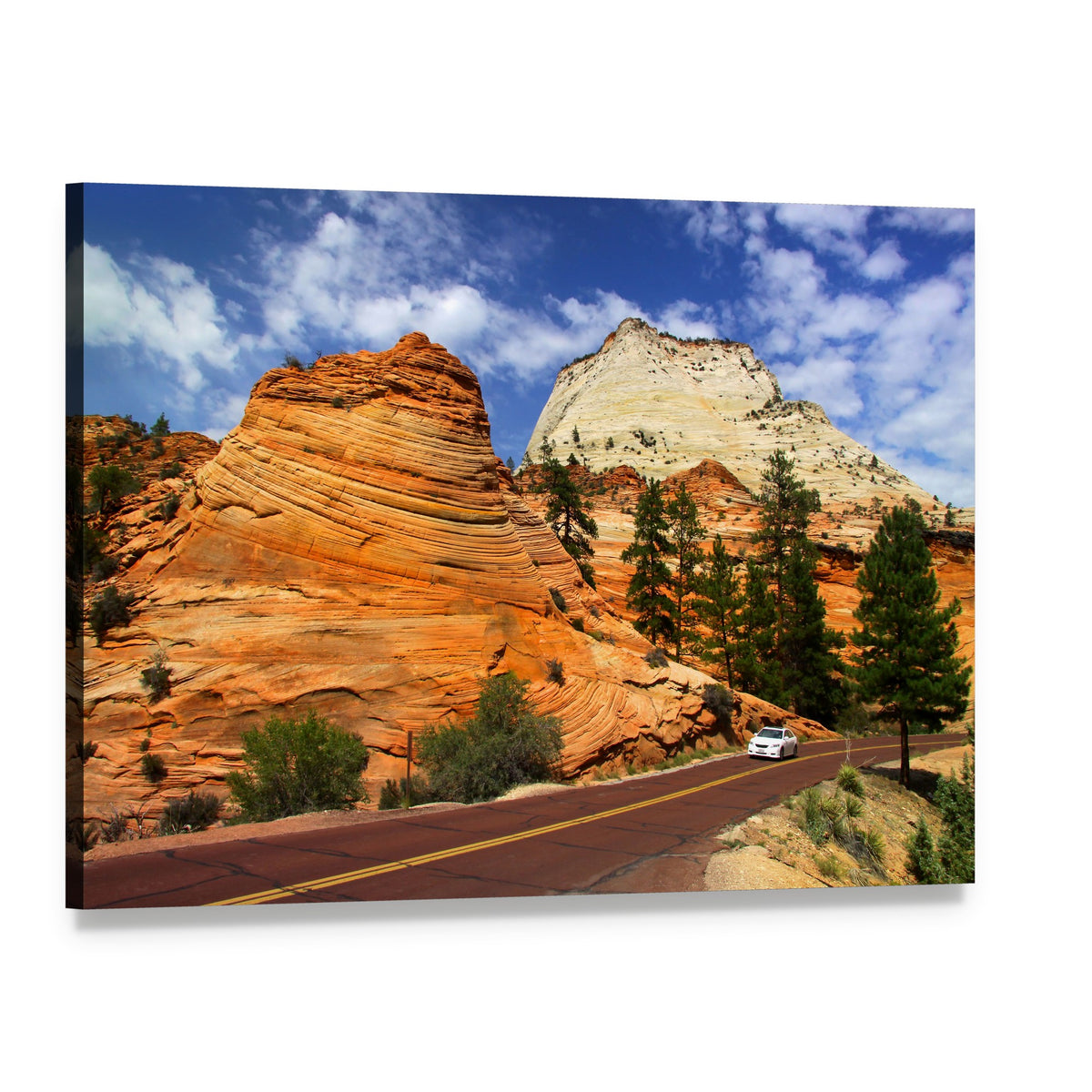 Mountain Road with White Car and Layered Rock Formations Canvas Wall Art, single panel gallery wrapped canvas, angled product view
