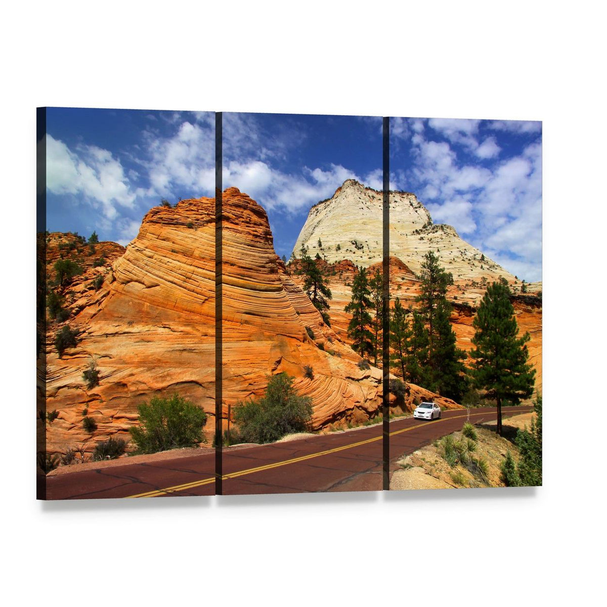 Mountain Road with White Car and Layered Rock Formations Canvas Wall Art, 3 panel 3 Horizontal layout gallery wrapped canvas set, angled product view