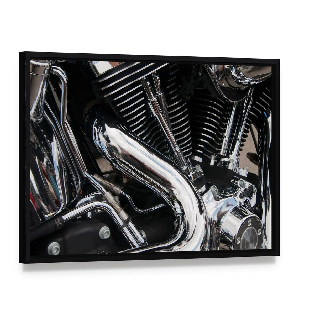 Shiny Motorcycle Engine Canvas Wall Art, framed canvas in a black floater frame, angled product view