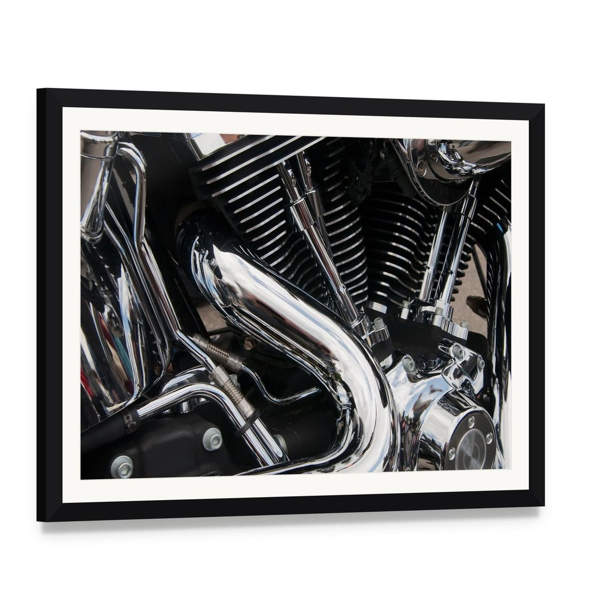 Shiny Motorcycle Engine Canvas Wall Art, framed print with white mat and black frame, angled product view