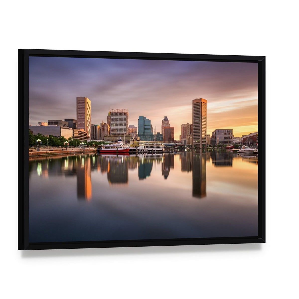 Usa Skyline at the Inner Harbor Canvas Wall Art, framed canvas in a black floater frame, angled product view