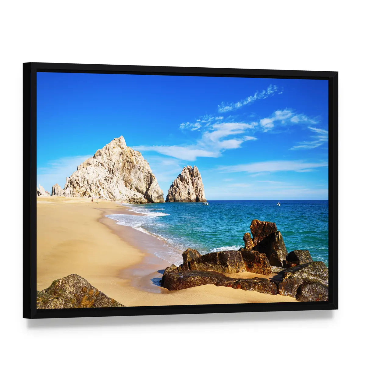 Lovers Beach Mexico Canvas Wall Art, framed canvas in a black floater frame, angled product view