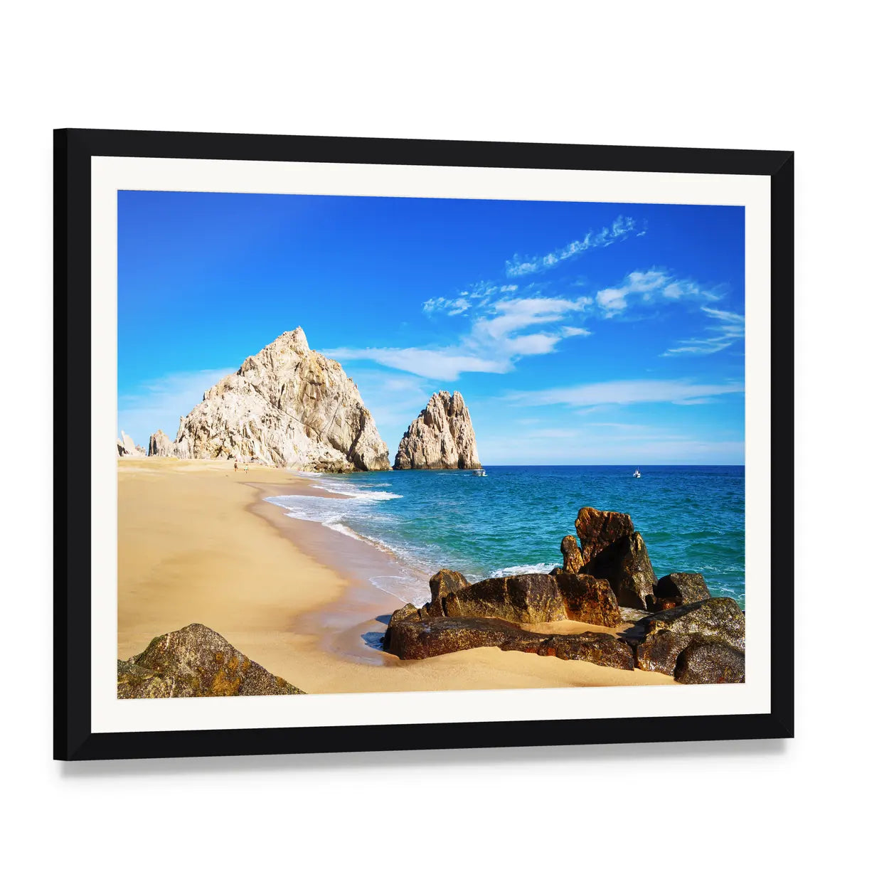 Lovers Beach Mexico Canvas Wall Art, framed print with white mat and black frame, angled product view
