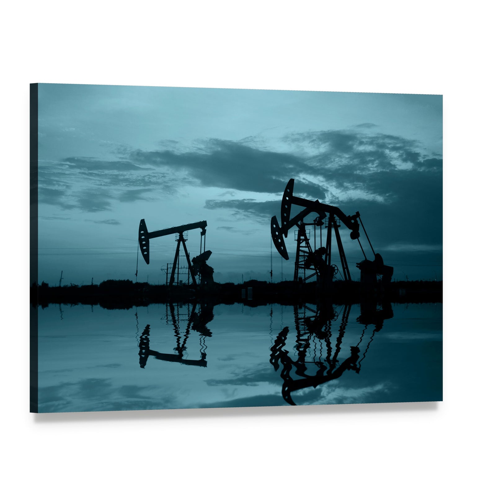 Silhouetted Oil Pumpjacks at Dusk with Reflections Canvas Wall Art, single panel gallery wrapped canvas, angled product view