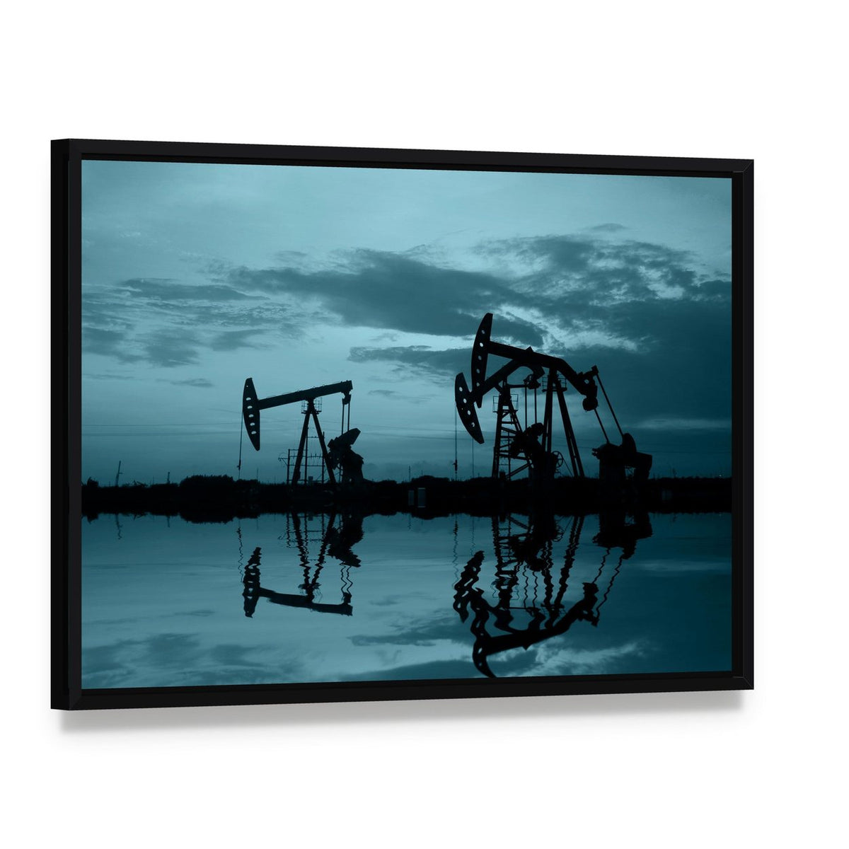 Silhouetted Oil Pumpjacks at Dusk with Reflections Canvas Wall Art, framed canvas in a black floater frame, angled product view