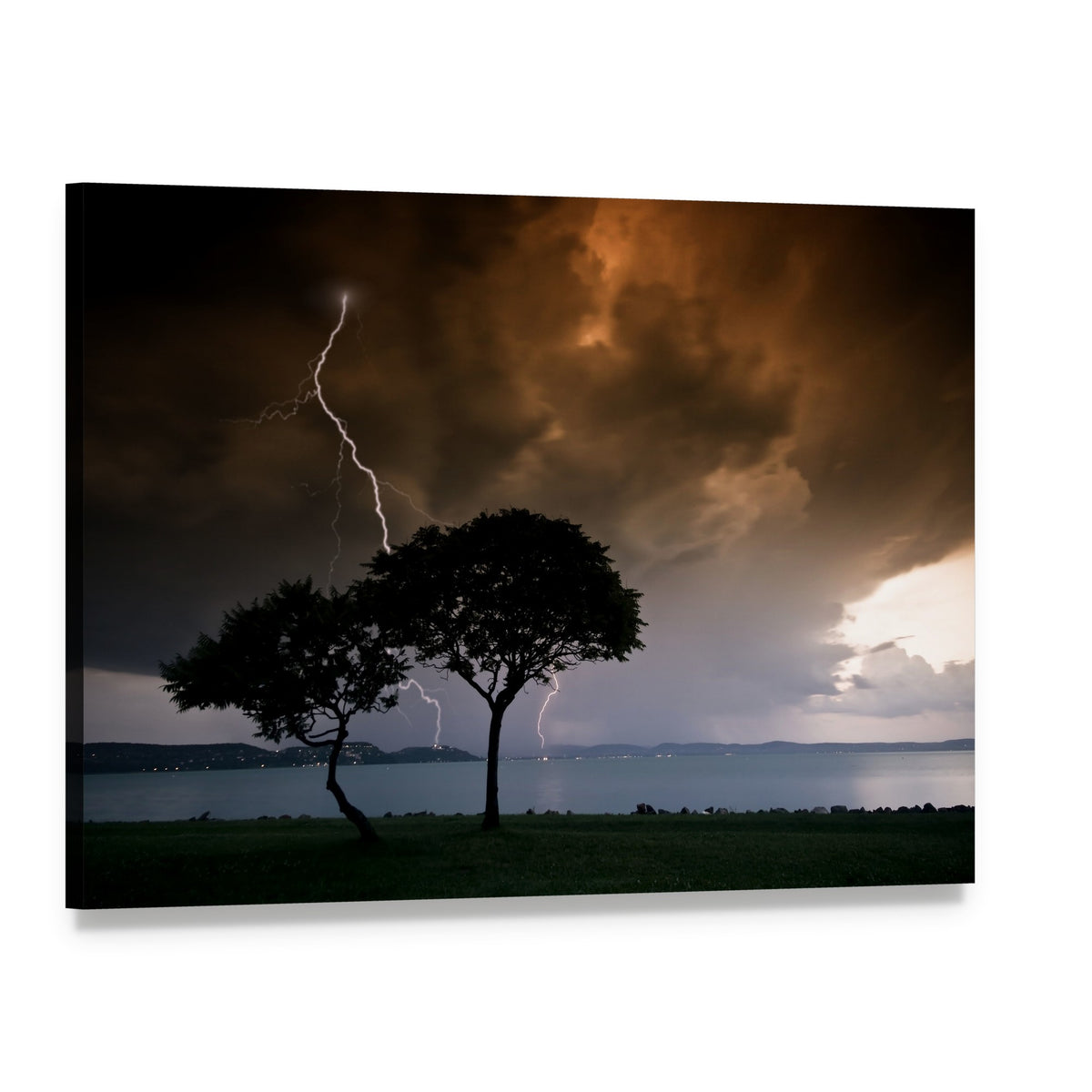 Lightning Striking Trees at Night Canvas Wall Art, single panel gallery wrapped canvas, angled product view
