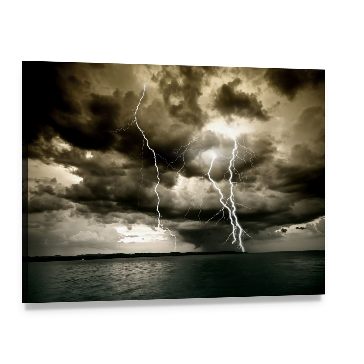 Dramatic Lightning Storm Over Ocean Canvas Wall Art, single panel gallery wrapped canvas, angled product view