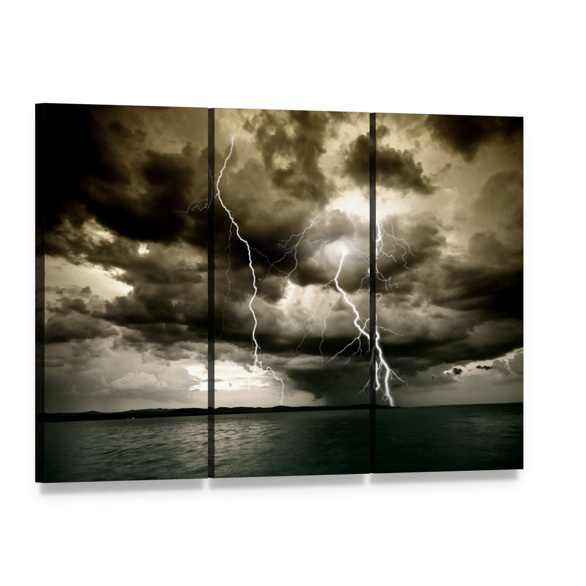 Dramatic Lightning Storm Over Ocean Canvas Wall Art, 3 panel 3 Horizontal layout gallery wrapped canvas set, angled product view