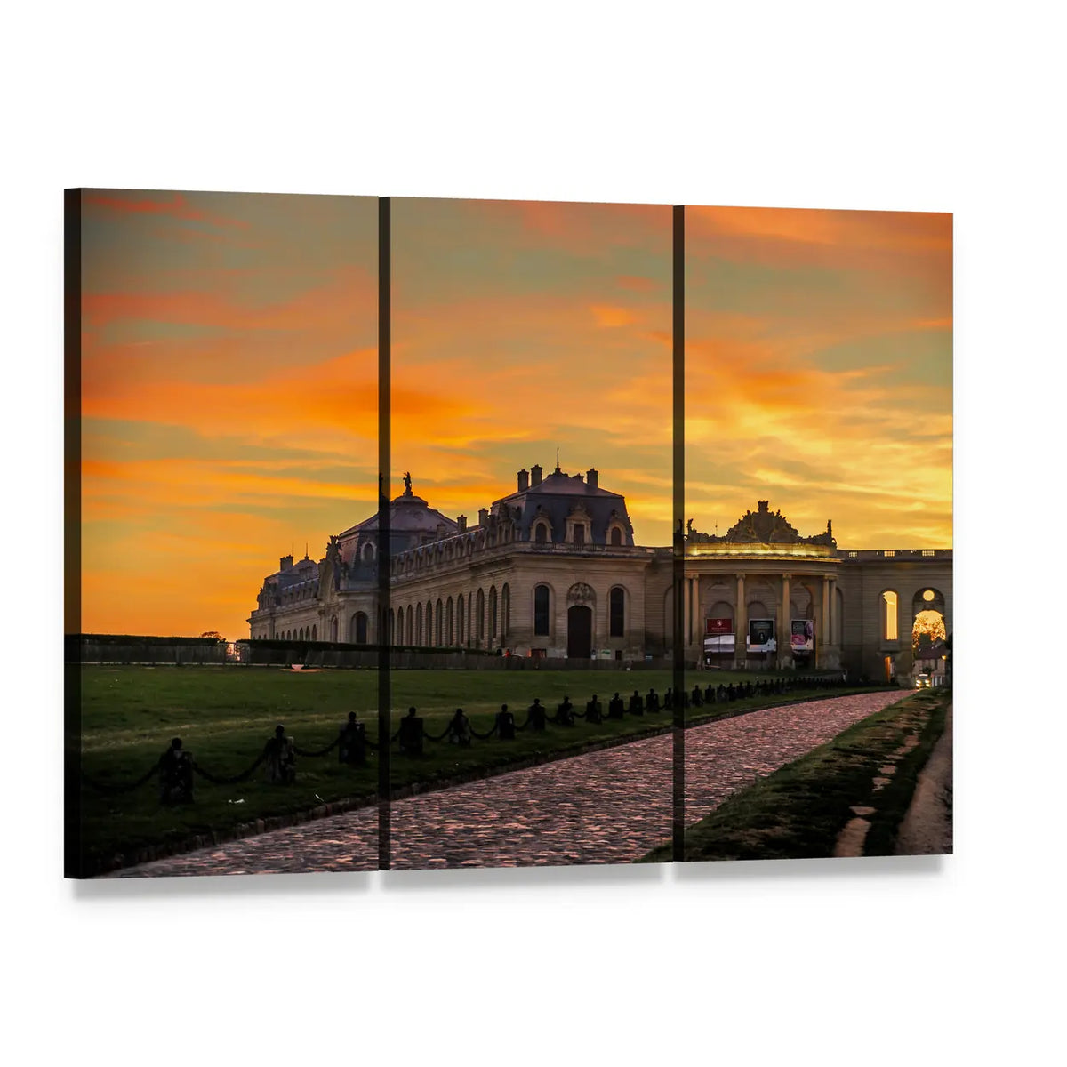 Chantilly Castle at Sunset Canvas Wall Art, 3 panel 3 Horizontal layout gallery wrapped canvas set, angled product view