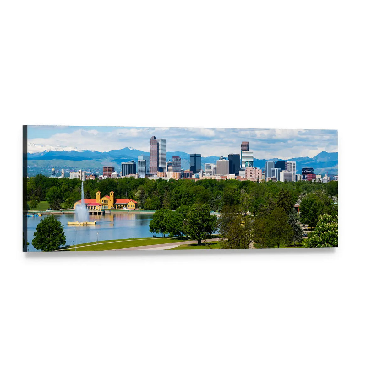 Denver Downtown Skyline Panoramic Canvas Wall Art, single panel gallery wrapped canvas, angled product view