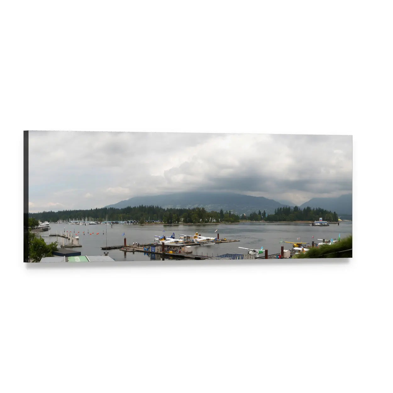 Vancouver Harbor with Seaplanes Panoramic Canvas Wall Art, single panel gallery wrapped canvas, angled product view