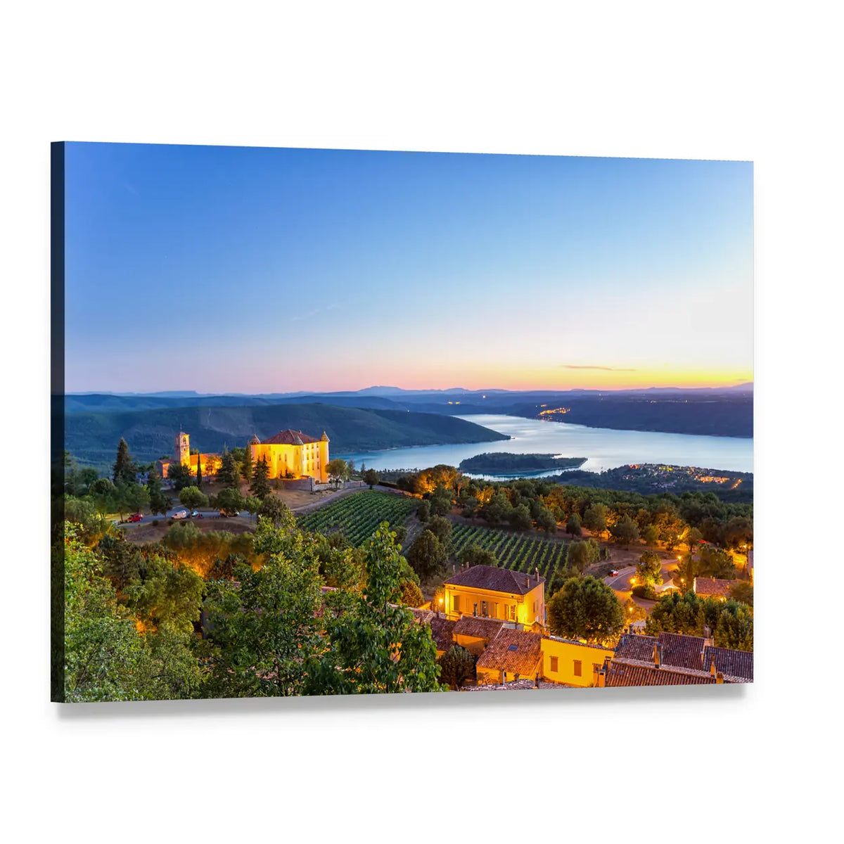 French Village at Twilight Canvas Wall Art, single panel gallery wrapped canvas, angled product view
