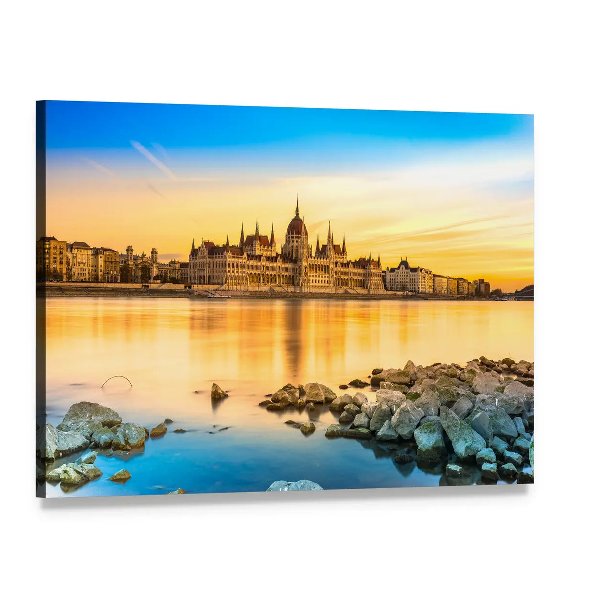Budapest Parliament at Sunrise Canvas Wall Art, single panel gallery wrapped canvas, angled product view
