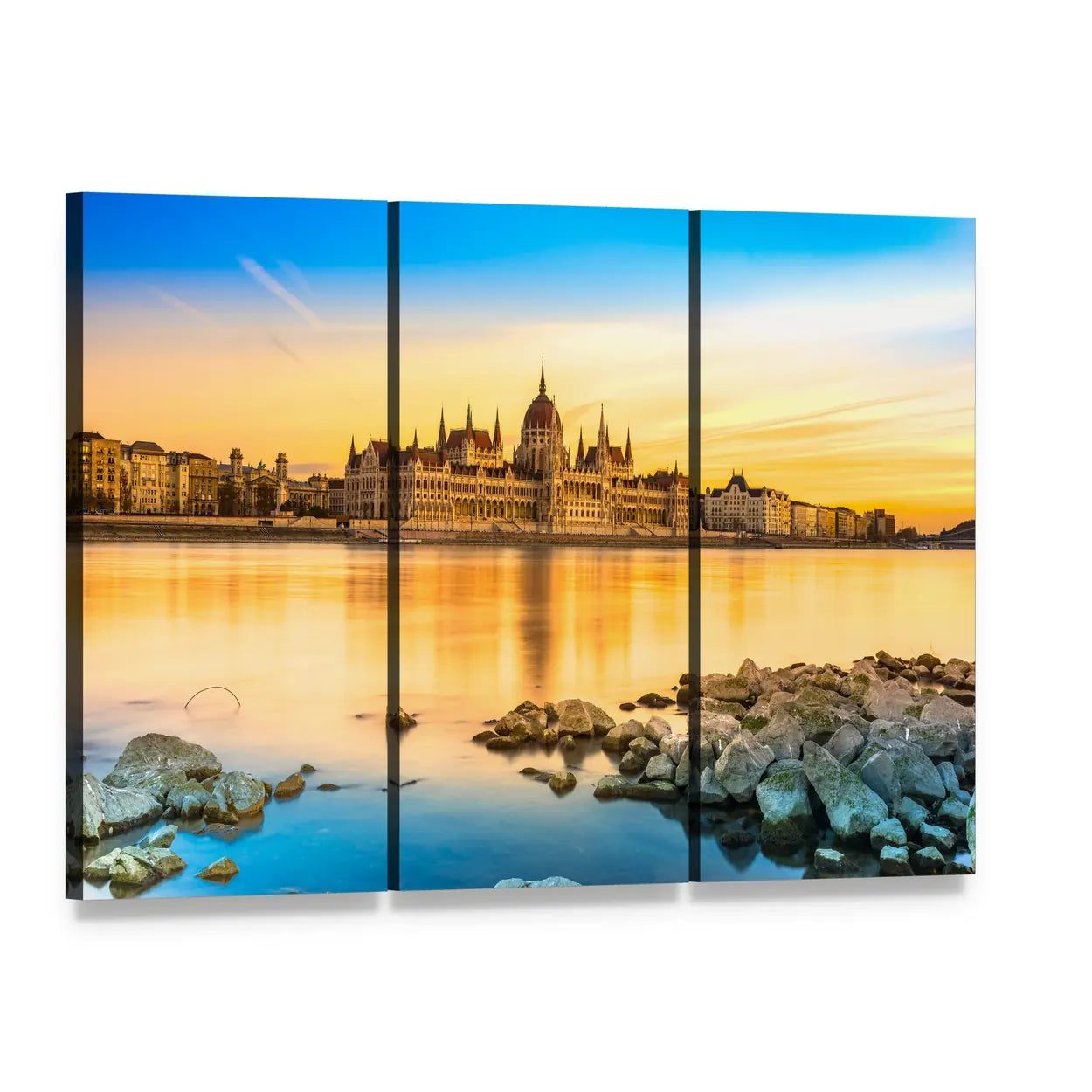 Budapest Parliament at Sunrise Canvas Wall Art, 3 panel 3 Horizontal layout gallery wrapped canvas set, angled product view