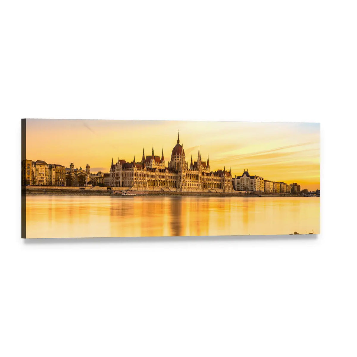 Hungarian Parliament at Sunset Panoramic Canvas Wall Art, single panel gallery wrapped canvas, angled product view