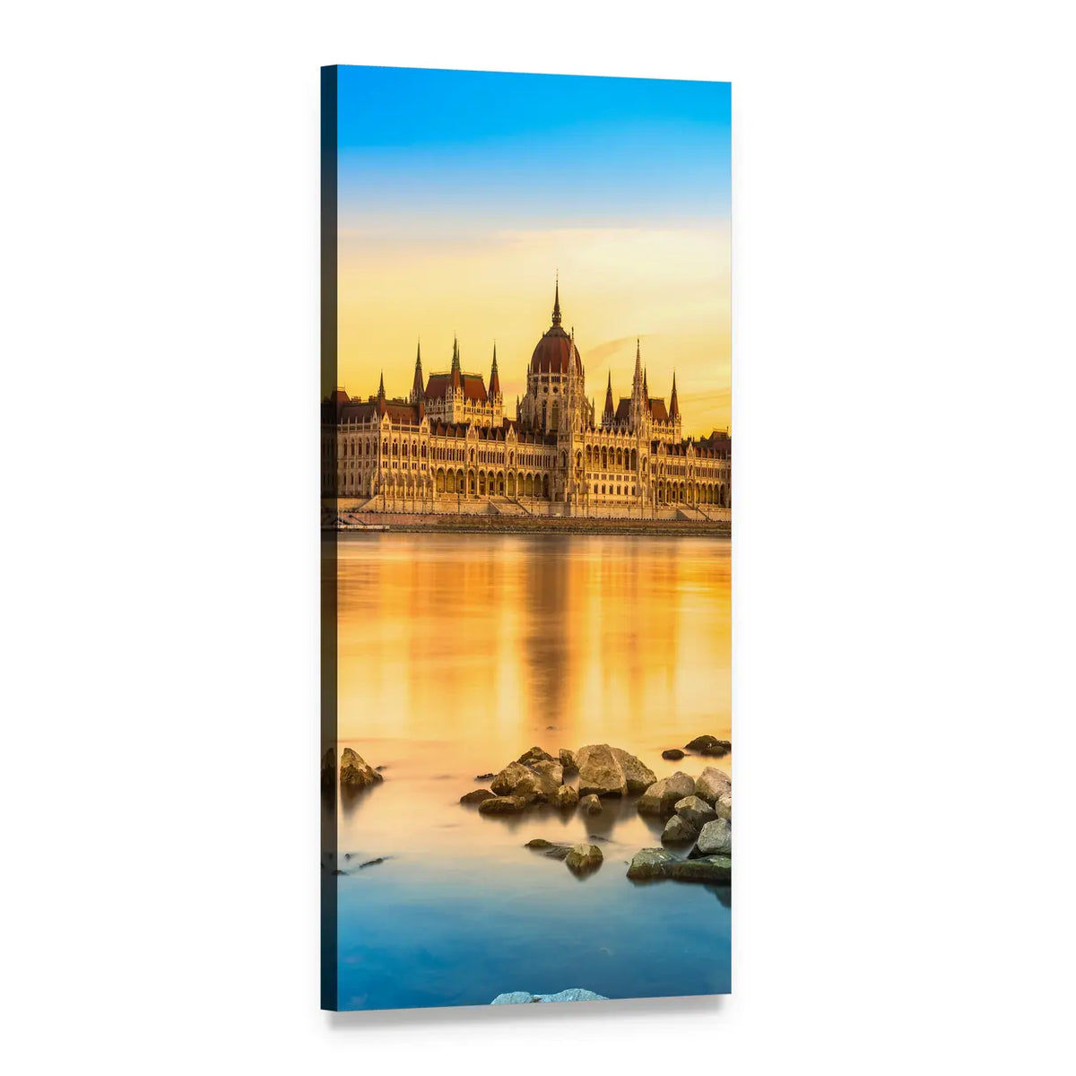 Budapest Parliament at Sunset Vertical Canvas Wall Art, 1 panel 1 Vertical layout gallery wrapped canvas set, angled product view