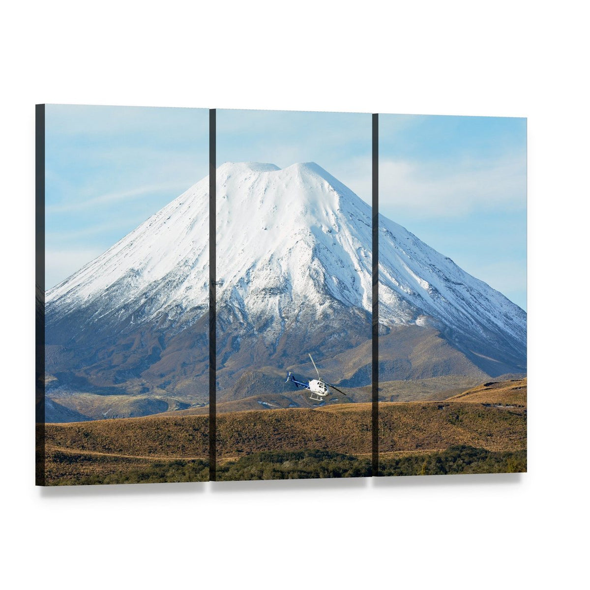 Helicopter Near Snow-capped Mountain Canvas Wall Art, 3 panel 3 Horizontal layout gallery wrapped canvas set, angled product view