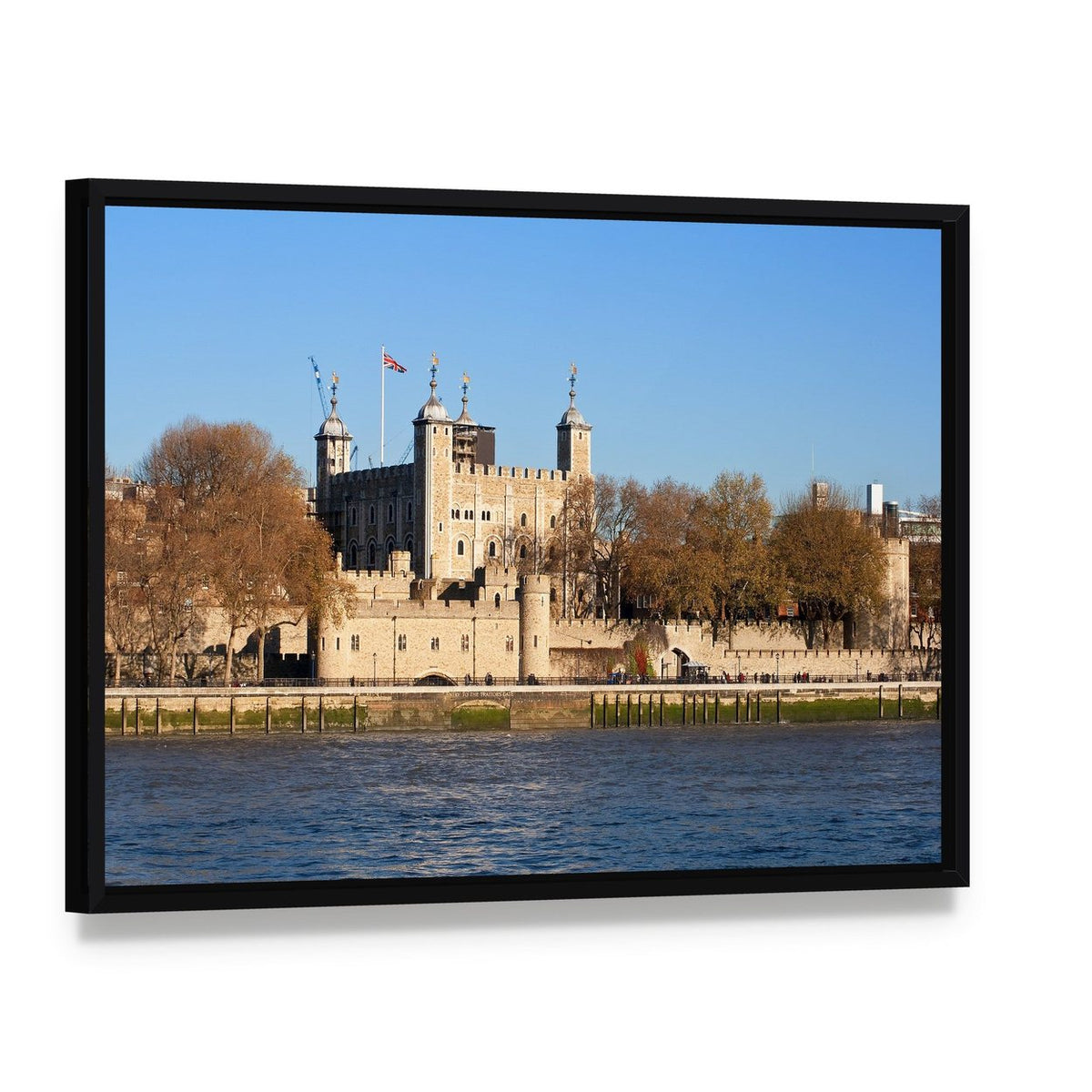 Tower of London Across River Thames Canvas Wall Art, framed canvas in a black floater frame, angled product view