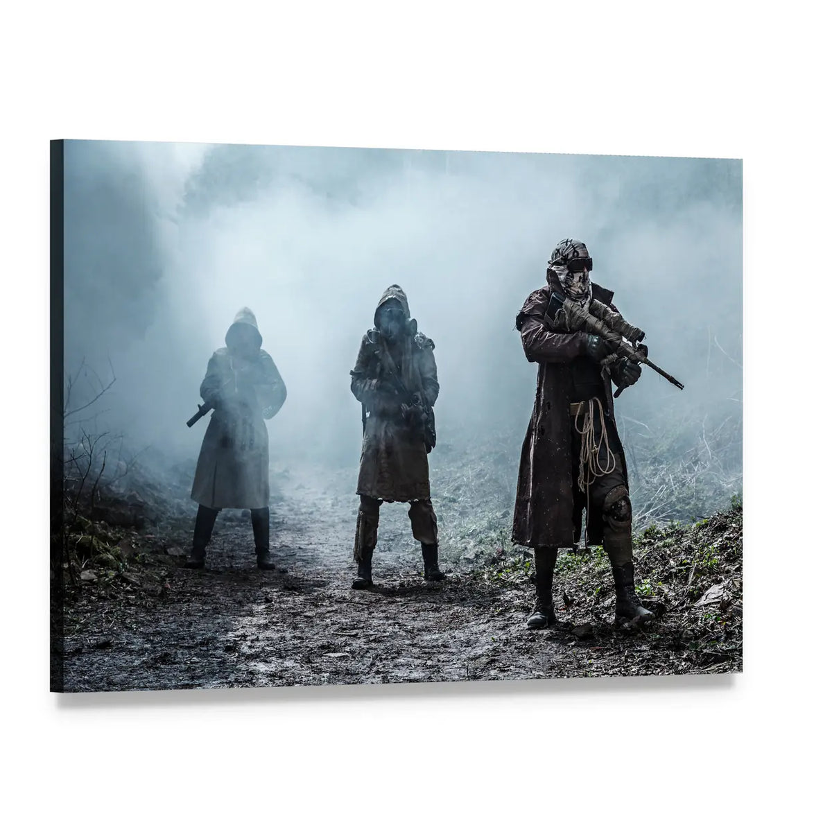 Tattered Survivors in Gas Masks Canvas Wall Art, single panel gallery wrapped canvas, angled product view