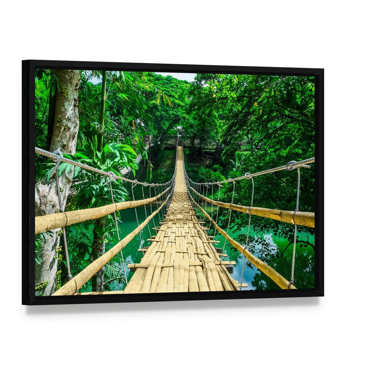 Bamboo Suspension Bridge Canvas Wall Art, framed canvas in a black floater frame, angled product view