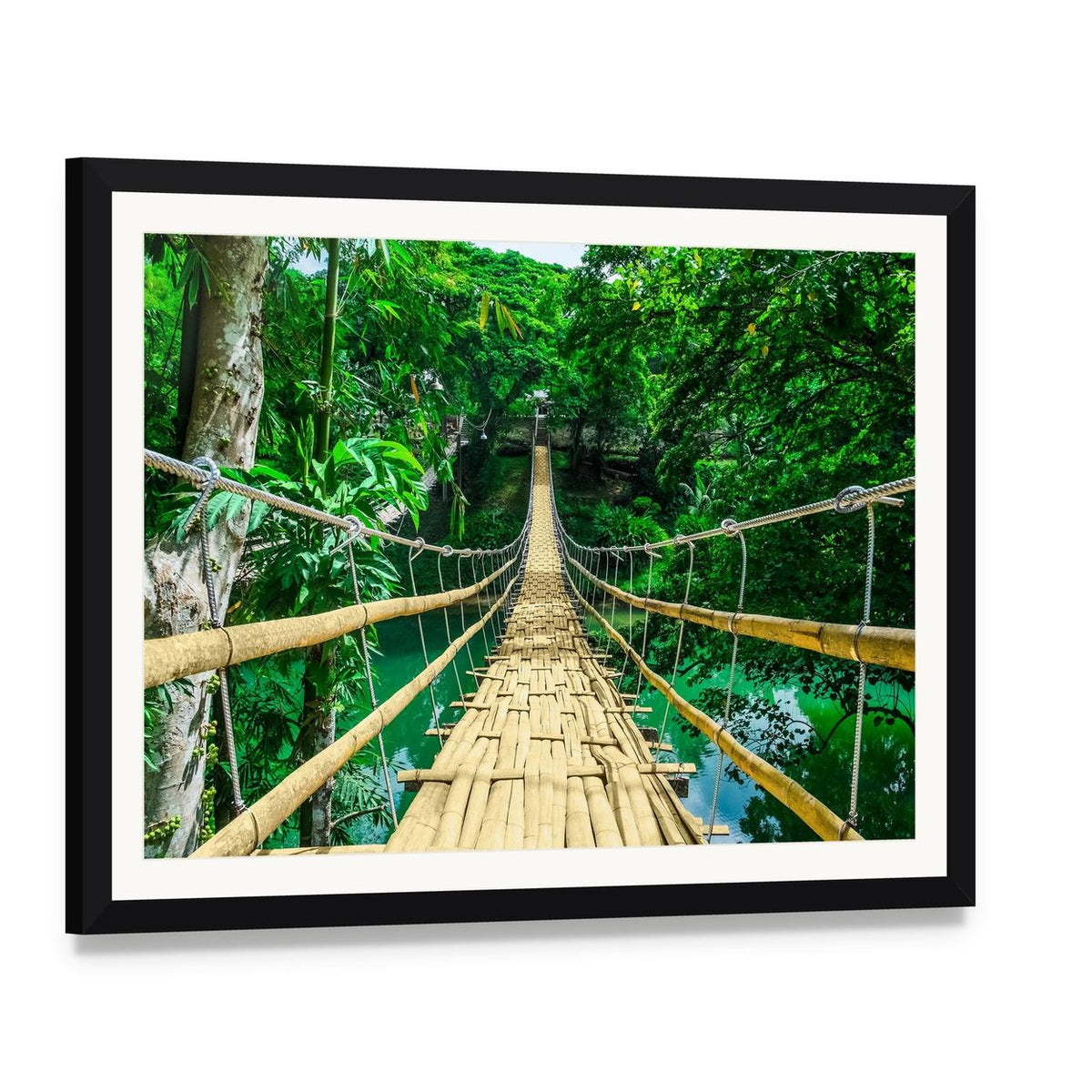 Bamboo Suspension Bridge Canvas Wall Art, framed print with white mat and black frame, angled product view