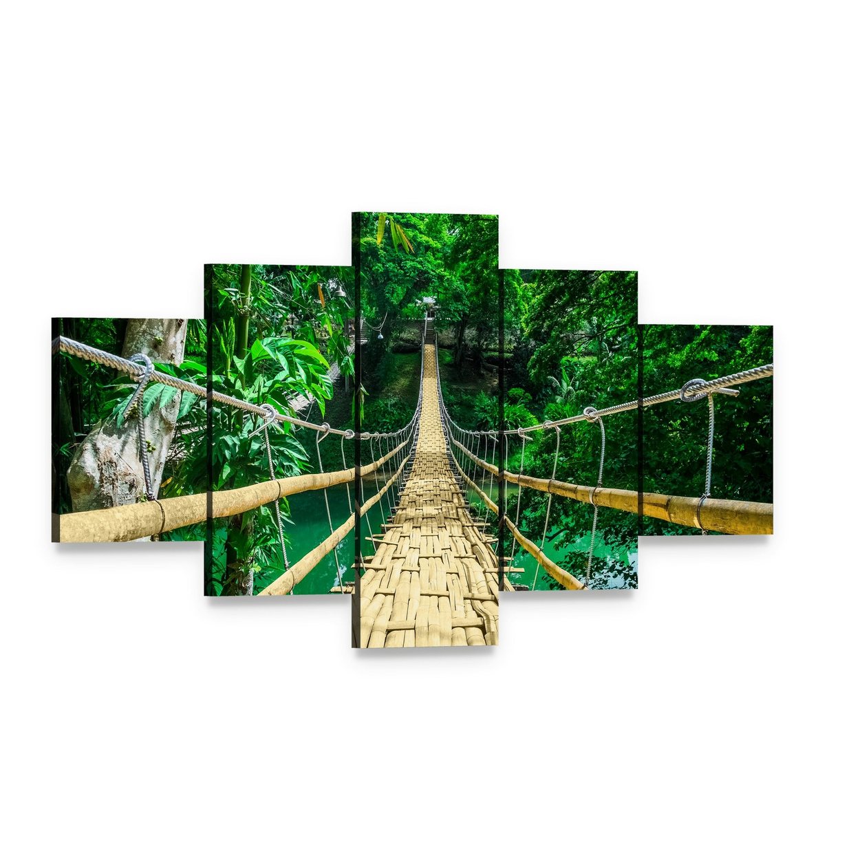 Bamboo Suspension Bridge Canvas Wall Art, 5 panel 5 Star layout gallery wrapped canvas set, angled product view