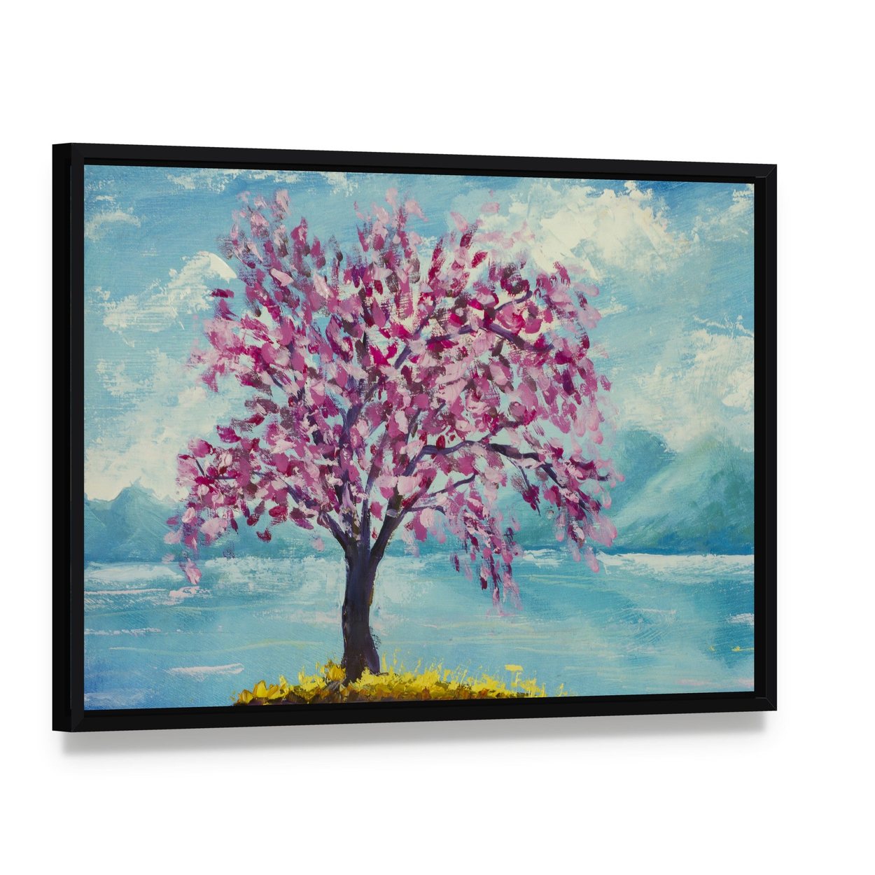 Blooming Sakura Canvas Wall Art, framed canvas in a black floater frame, angled product view