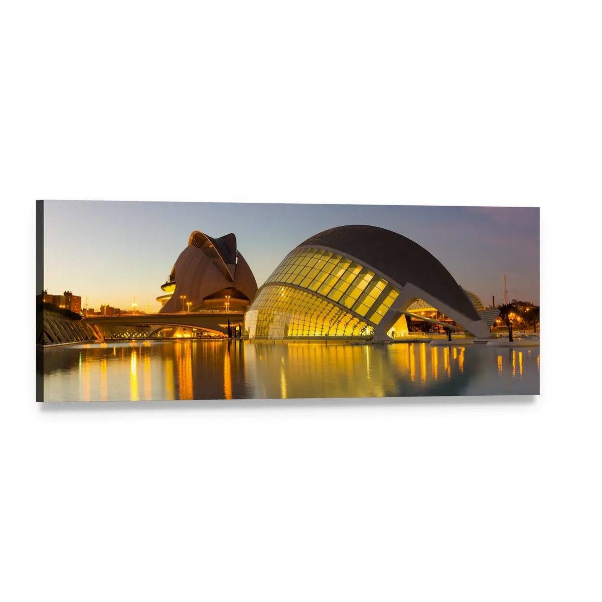 Cinema in Valencia at Dusk Panoramic Canvas Wall Art, single panel gallery wrapped canvas, angled product view