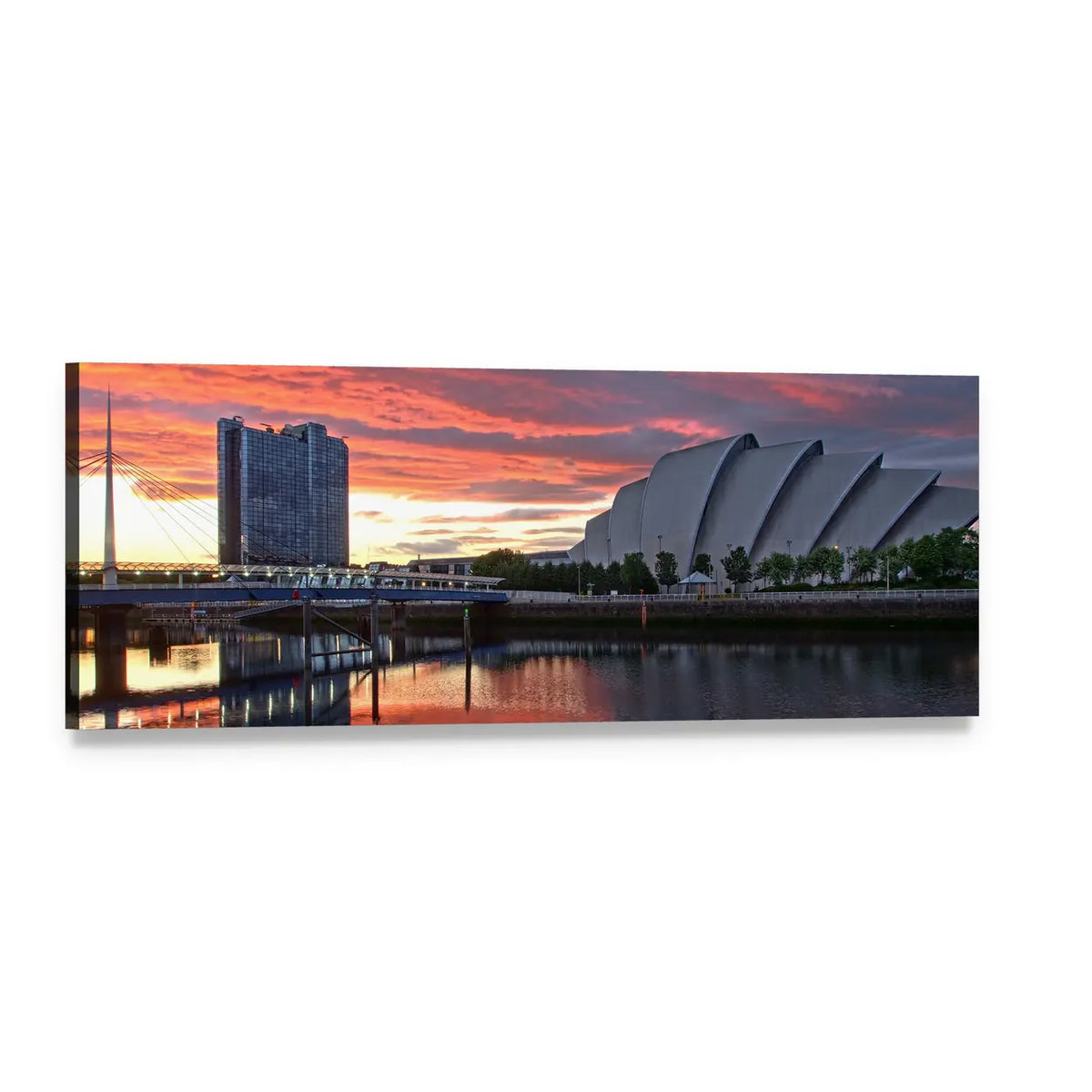Glasgow Harbor Sunset on River Clyde Panoramic Canvas Wall Art, single panel gallery wrapped canvas, angled product view