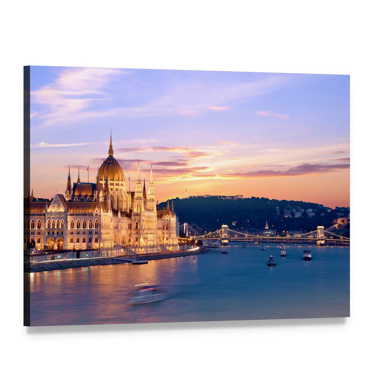 Hungarian Parliament and Danube at Dusk Canvas Wall Art, single panel gallery wrapped canvas, angled product view