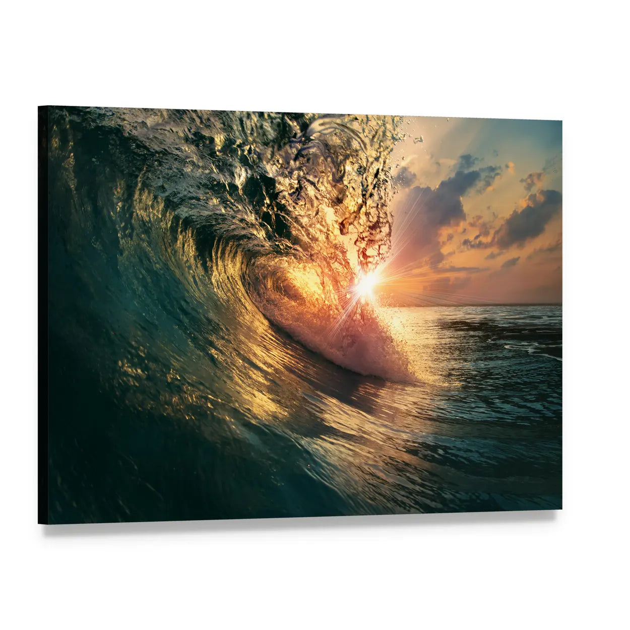 Ocean Wave at Sunset Canvas Wall Art, single panel gallery wrapped canvas, angled product view