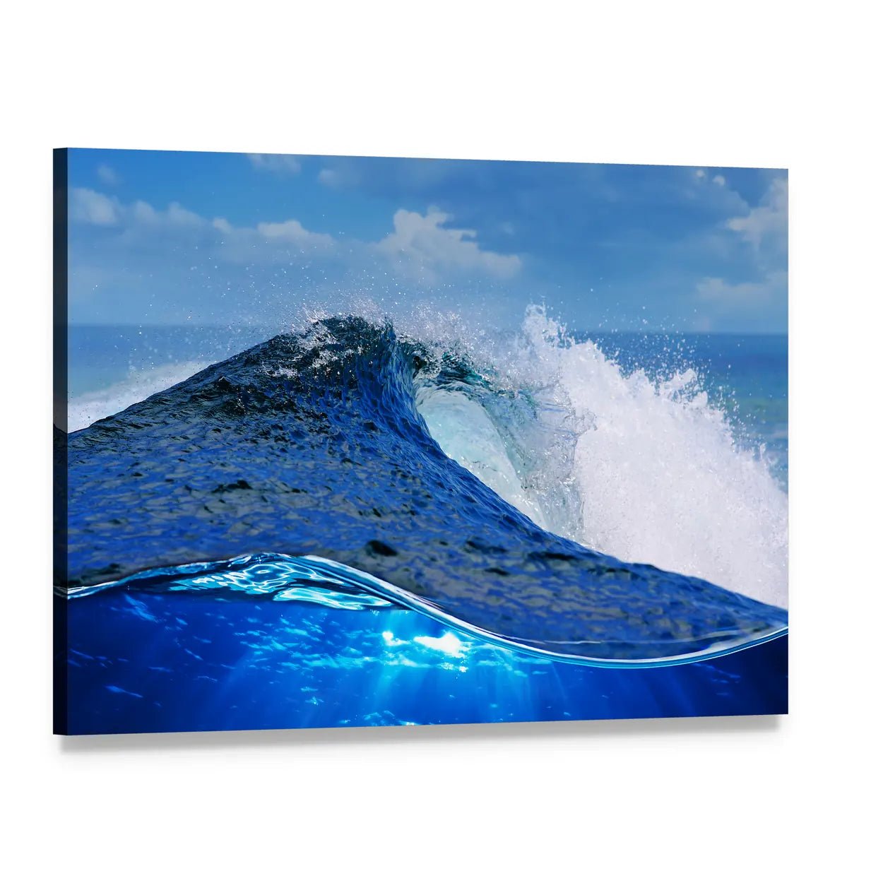Split-level Ocean Wave with Sunbeams Canvas Wall Art, single panel gallery wrapped canvas, angled product view